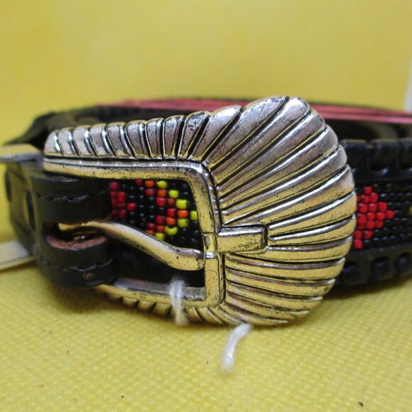 Seed Bead Black Genuine Leather Belt Silver Tone Buckle South Western Bead Bel5 - Picture 4 of 9